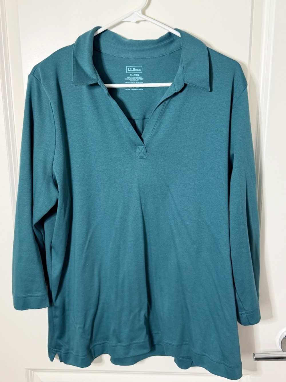 LL Bean 3/4 Sleeve Polo Shirt Teal Size XL